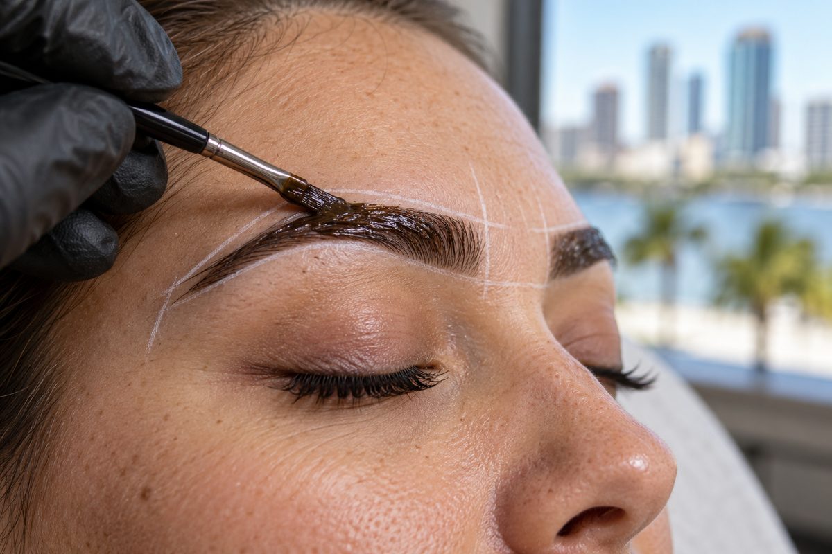 Brow tinting and contour pigment application with an angled precision brush