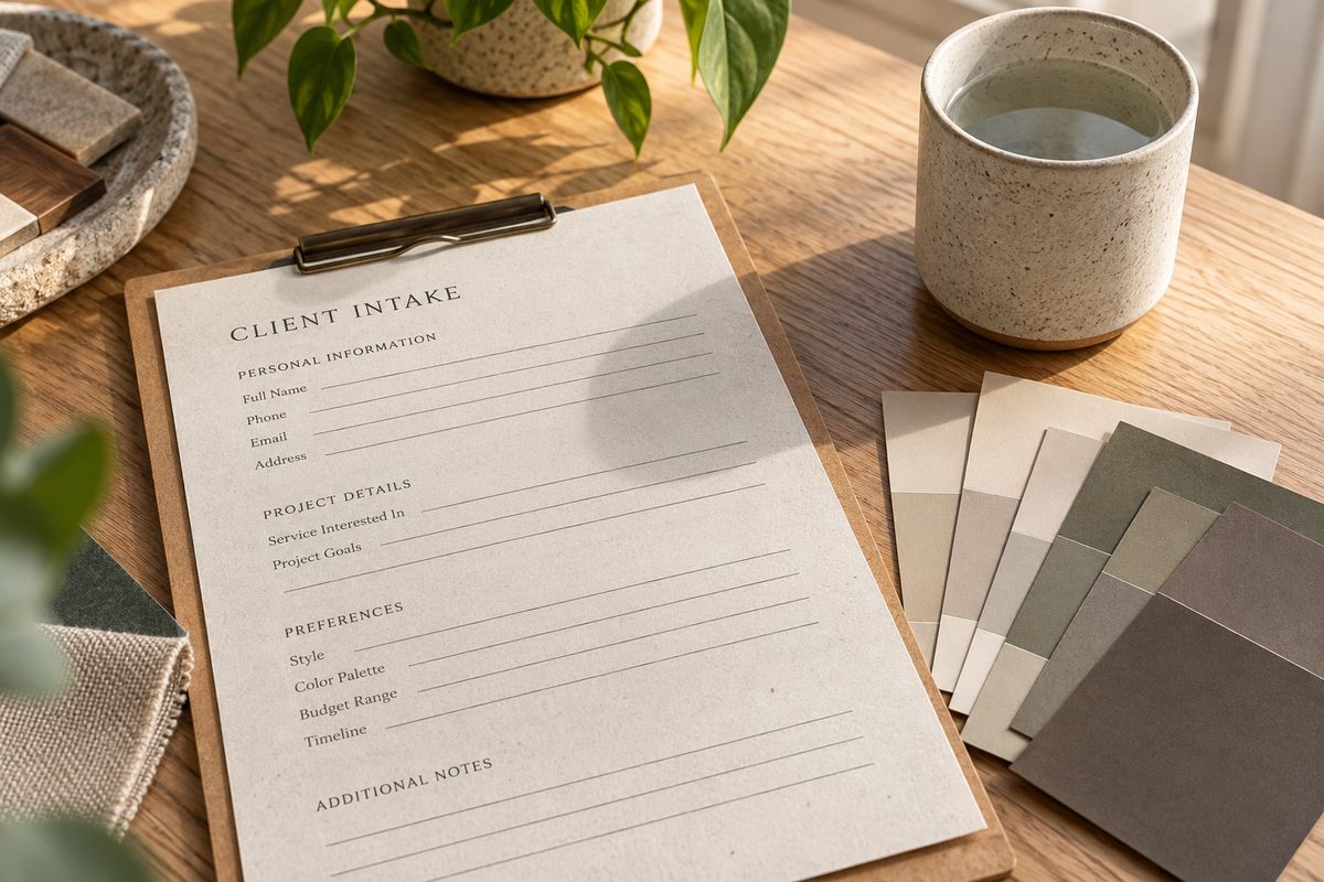 Client intake notes and shade matching cards on consultation table