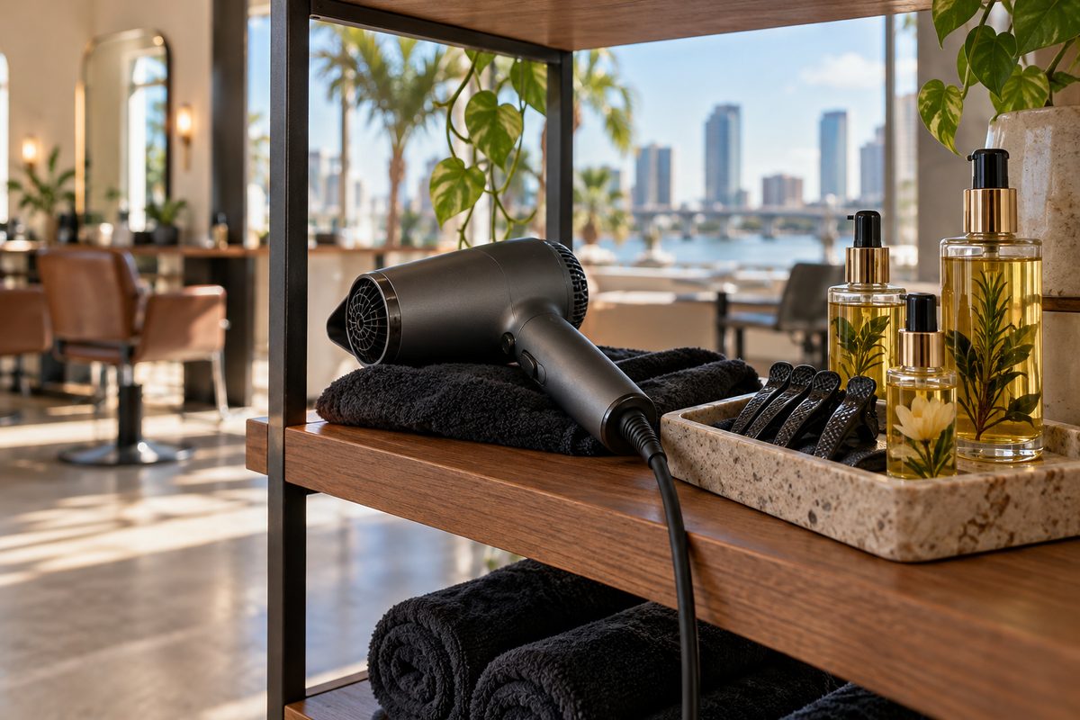 Hair styling equipment and heat protectant serums organised on studio shelf